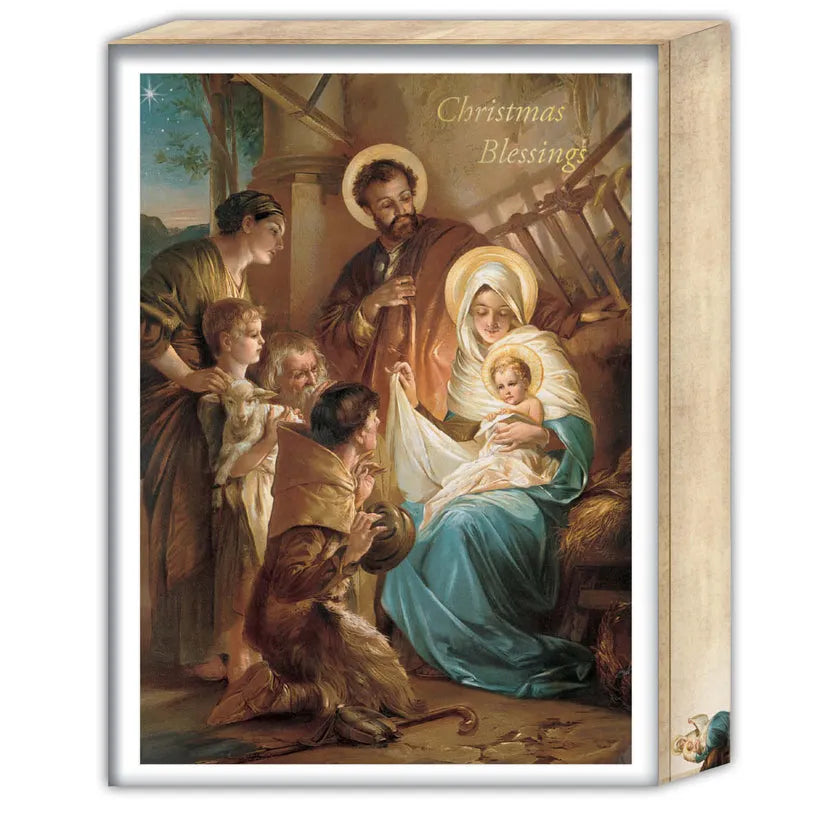 Boxed set of 16 Christmas cards featuring painted nativity scene with Holy Family and "Christmas Blessing" text