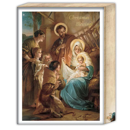 Boxed set of 16 Christmas cards featuring painted nativity scene with Holy Family and "Christmas Blessing" text