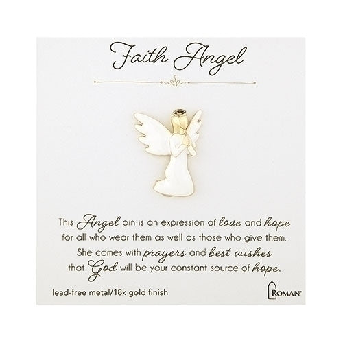 White and gold Faith Angel pin in prayerful pose with 18k gold finish, symbolizing love, hope, and grace, 1.25 inches tall.