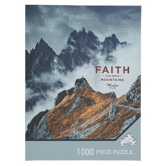 1000-piece puzzle featuring mountain landscape with fog and "Faith Can Move Mountains Matthew 17:20" text design
