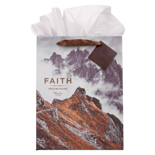 Large portrait gift bag with mountainous landscape and "Faith Can Move Mountains Matthew 17:20" scripture text