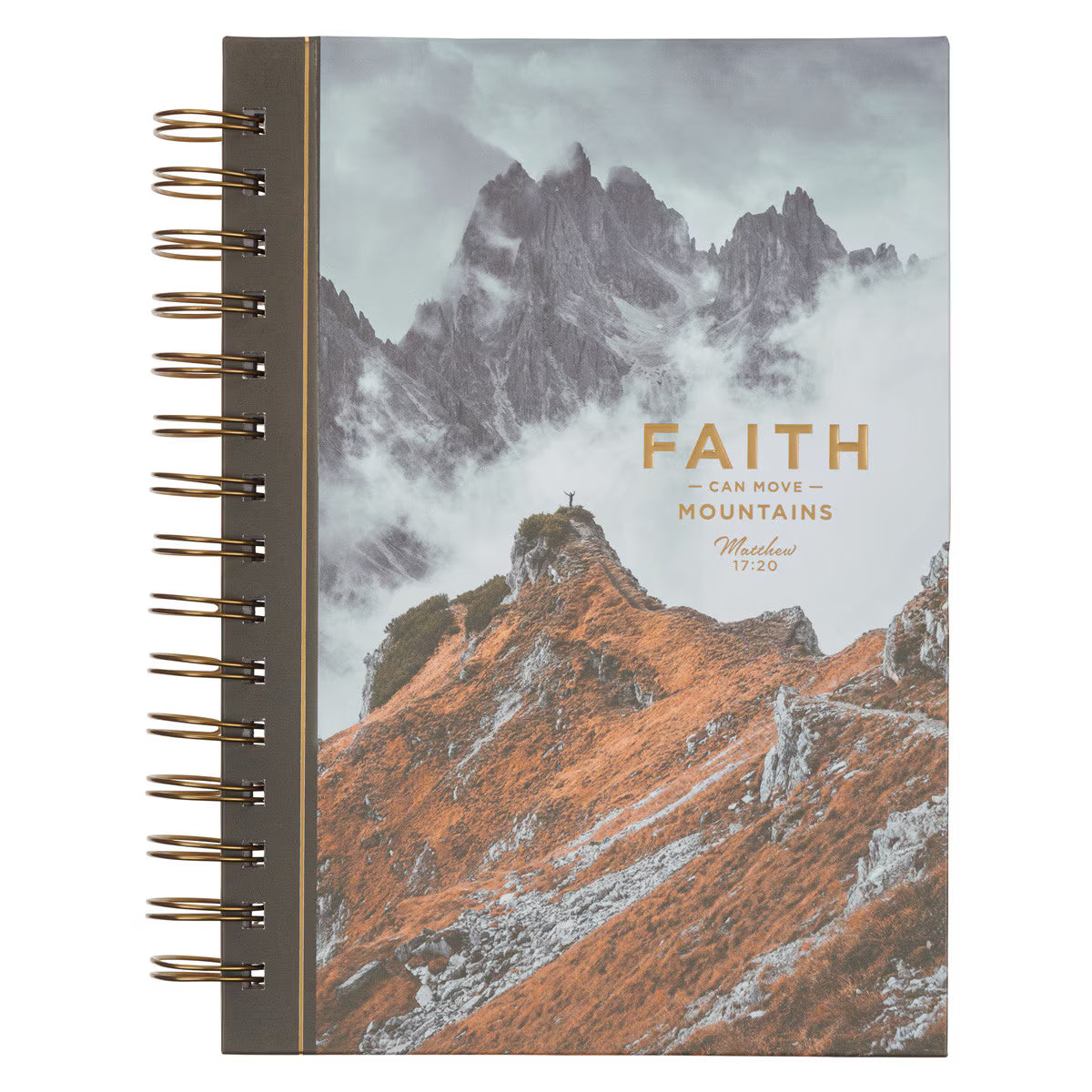 Faith Can Move Mountains spiral journal with mountain landscape and gold foil Matthew 17:20 text on cover