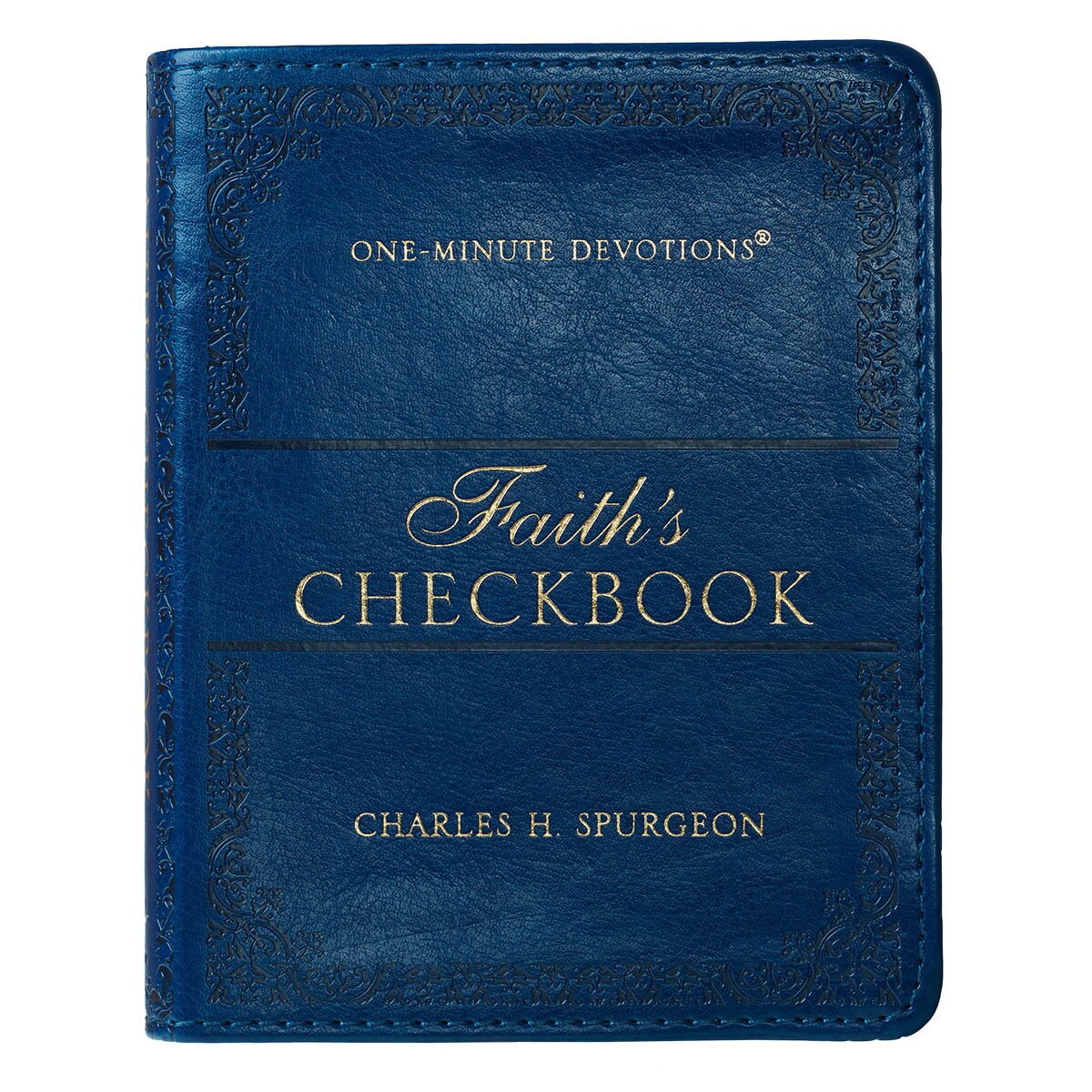 Navy blue faux leather cover of Faith's Checkbook One-Minute Devotions by Charles H. Spurgeon with gold embossed text