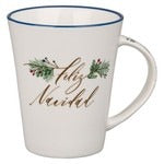 Ceramic Christmas mug with Feliz Navidad script, pinecone and greenery design, blue rim, holiday-themed beverage cup