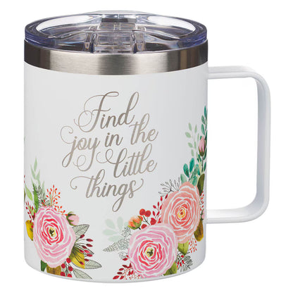 White stainless steel camp-style mug with clear lid, pink floral design, and "Find joy in the little things" text