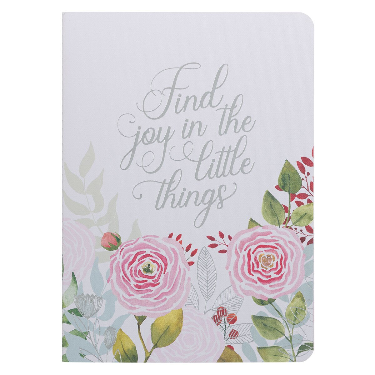 Large pink floral notebook with "Find joy in the little things" script on white cover for planning and notes