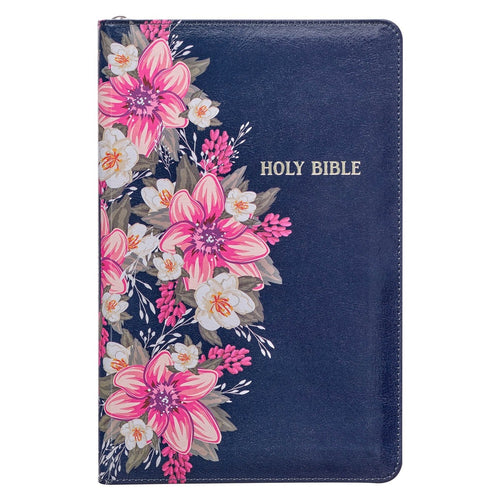 Floral Blue faux leather King James Version Bible with thumb index, zippered closure, and pink floral design on cover
