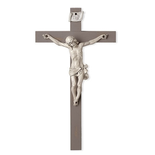 12" Light grey wall crucifix with detailed white Carrara corpus and dignified expression on cross