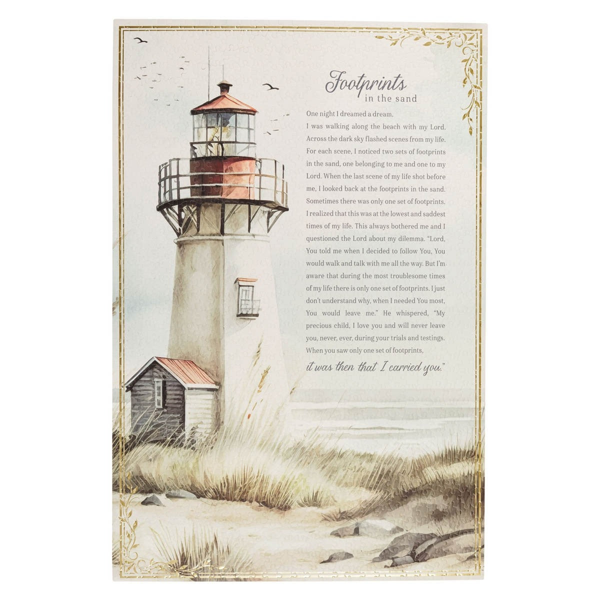 Vintage lighthouse by the shore with tall grasses and Footprints in the Sand poem in soft muted tones on parchment background