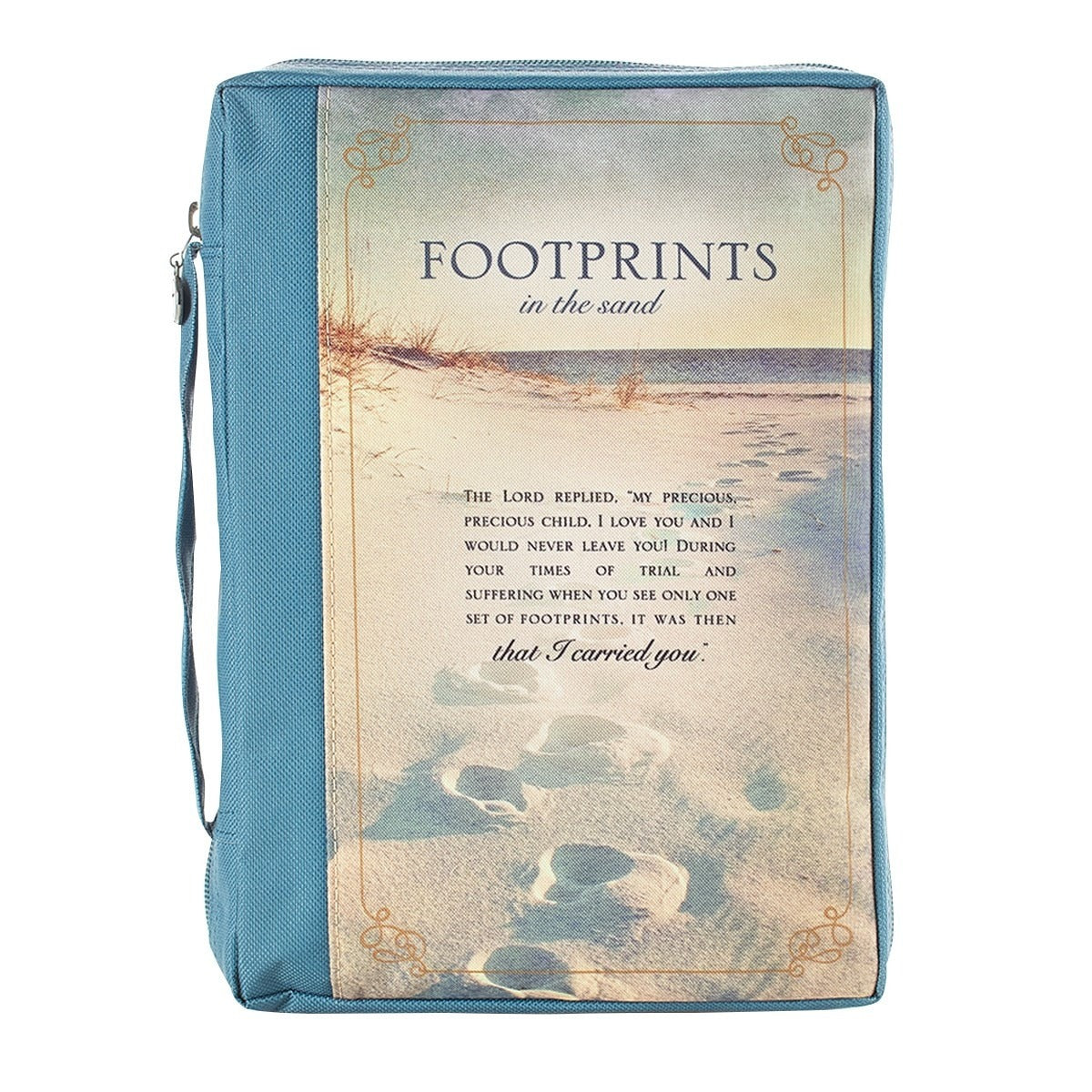 Large Footprints in the Sand poly-canvas Bible cover with poem excerpt and blue fabric side with zipper and wrist strap