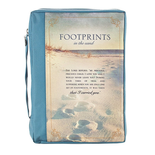 Large Footprints in the Sand poly-canvas Bible cover with poem excerpt and blue fabric side with zipper and wrist strap