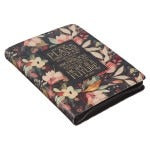 Midnight botanical faux leather journal with zipper, featuring "For I Know the Plans I Have for You" scripture in gold lettering