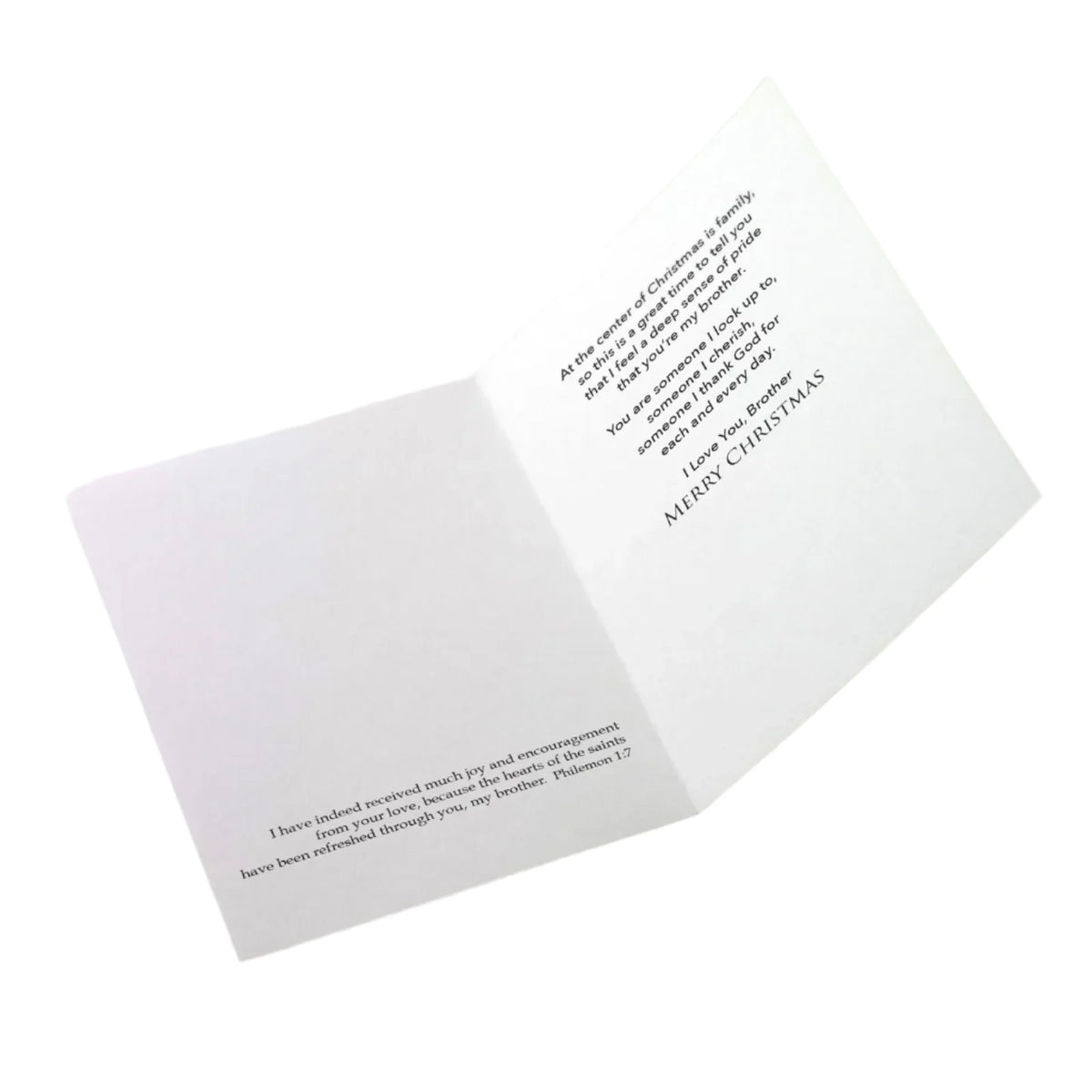 Open "For My Brother at Christmas" card showing printed heartfelt Christmas message inside on white background