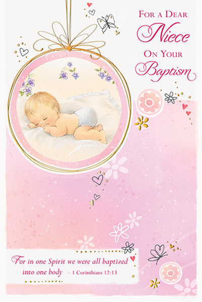 4 5/8" x 6 3/4" Dear Niece Baptism card with embossed baby illustration, gold foil accents, and floral design