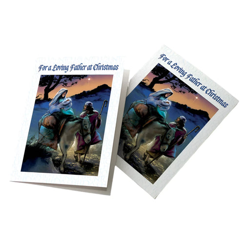 Christmas card for dad with nativity scene illustration and "For a Loving Father at Christmas" text on front cover