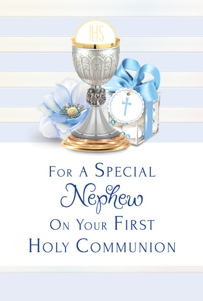 First Holy Communion greeting card for nephew with silver chalice, gold foil, blue flower, and gift box with ribbon design