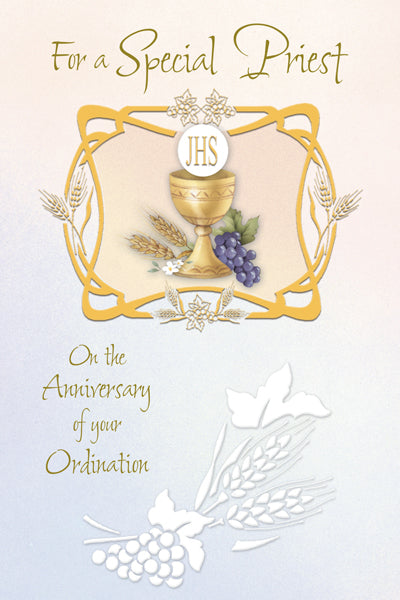 4 5/8" x 6 3/4" ordination anniversary greeting card with gold foil chalice, grapes, wheat, and embossed details