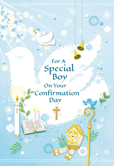 Blue confirmation greeting card for a special boy with dove, candles, Bible, cross, and religious symbols design