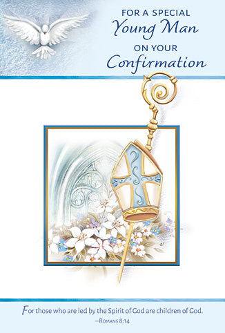 Confirmation greeting card for a special young man with gold foil, embossed design, bishop’s staff, dove, and floral artwork.