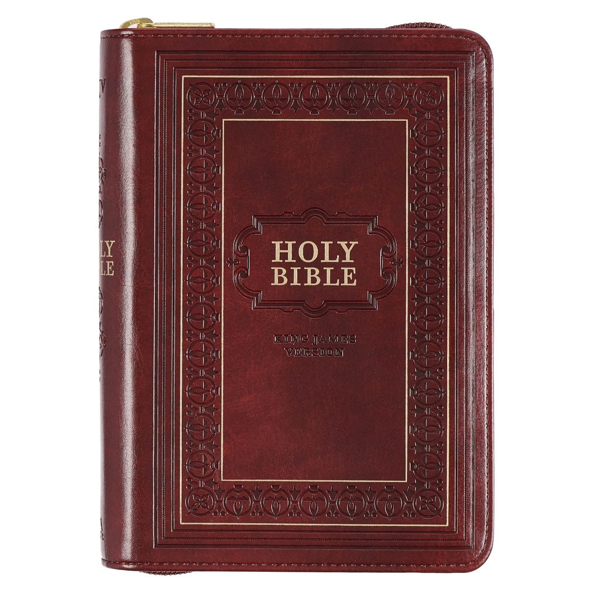 Framed burgundy faux leather compact King James Version Bible with large print and zippered closure