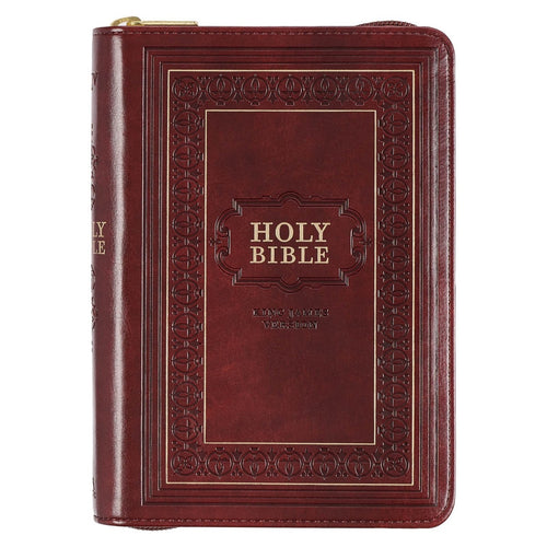 Framed burgundy faux leather compact King James Version Bible with large print and zippered closure