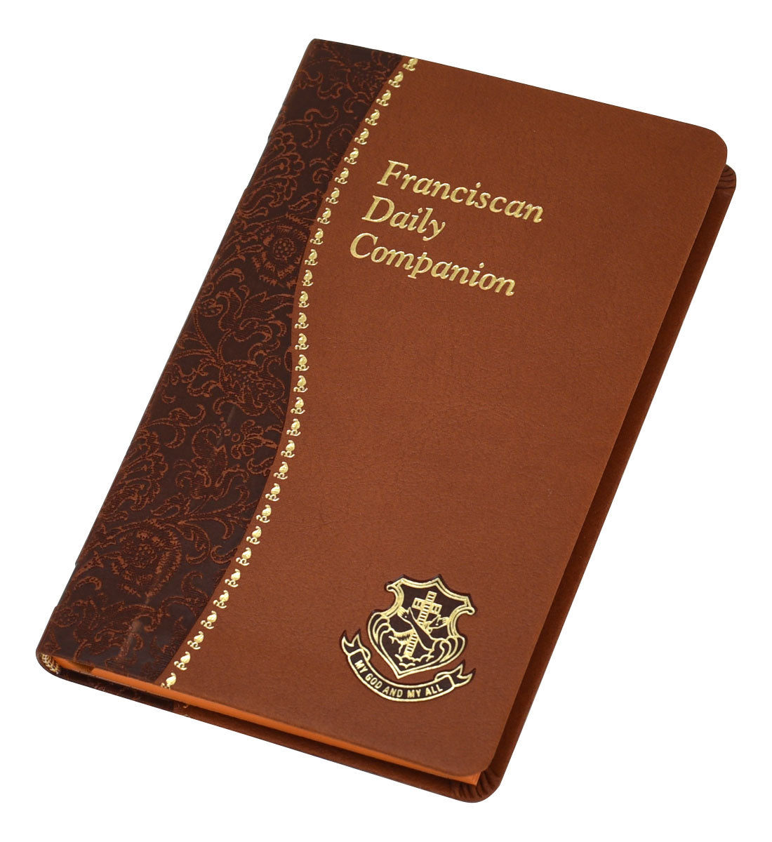 Franciscan Daily Companion book with brown cover, gold embossed title and ornate emblem on front, devotional spiritual journal