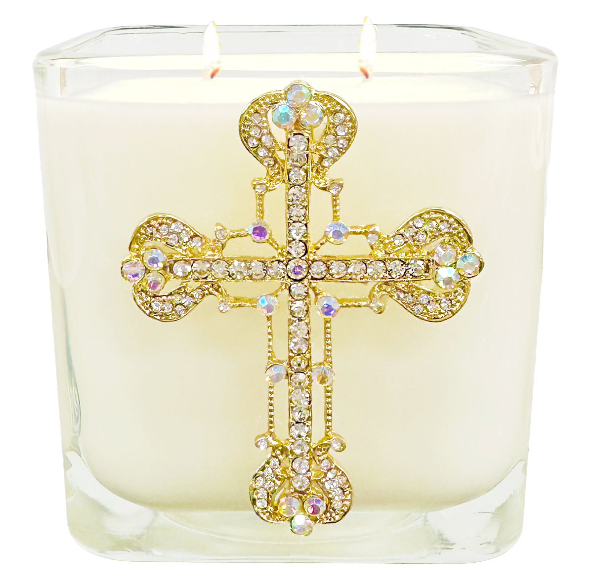 3 1/2" Frankincense candle in square glass with glimmering gold jeweled filigree cross embellishment