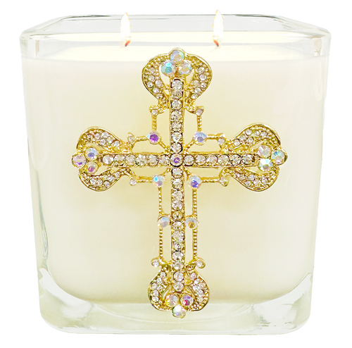 3 1/2" Frankincense candle in square glass with glimmering gold jeweled filigree cross embellishment