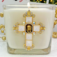 Frankincense Pearl Jeweled Cross Candle  3 1/2" - Unique Catholic Gifts