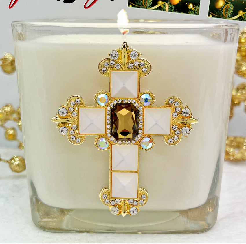 Frankincense Pearl Jeweled Cross Candle  3 1/2" - Unique Catholic Gifts