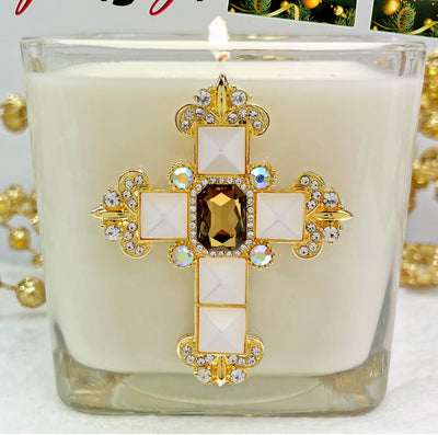 Frankincense Pearl Jeweled Cross Candle  3 1/2