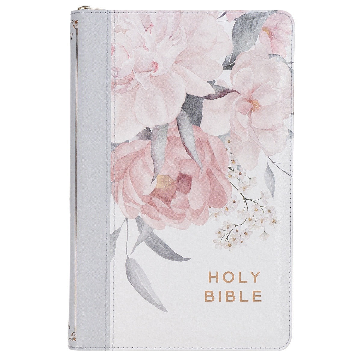 Frosty gray and pink floral faux leather King James Version deluxe gift Bible with zipper closure and thumb index