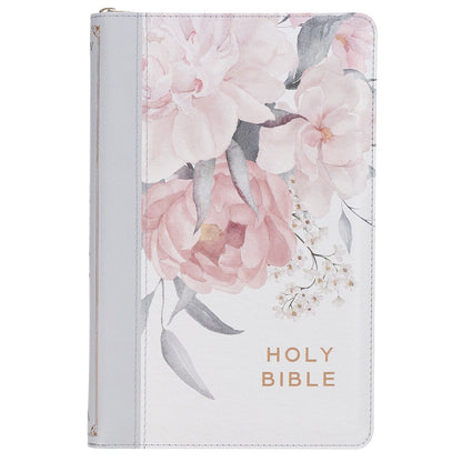 Frosty gray and pink floral faux leather King James Version deluxe gift Bible with zipper closure and thumb index