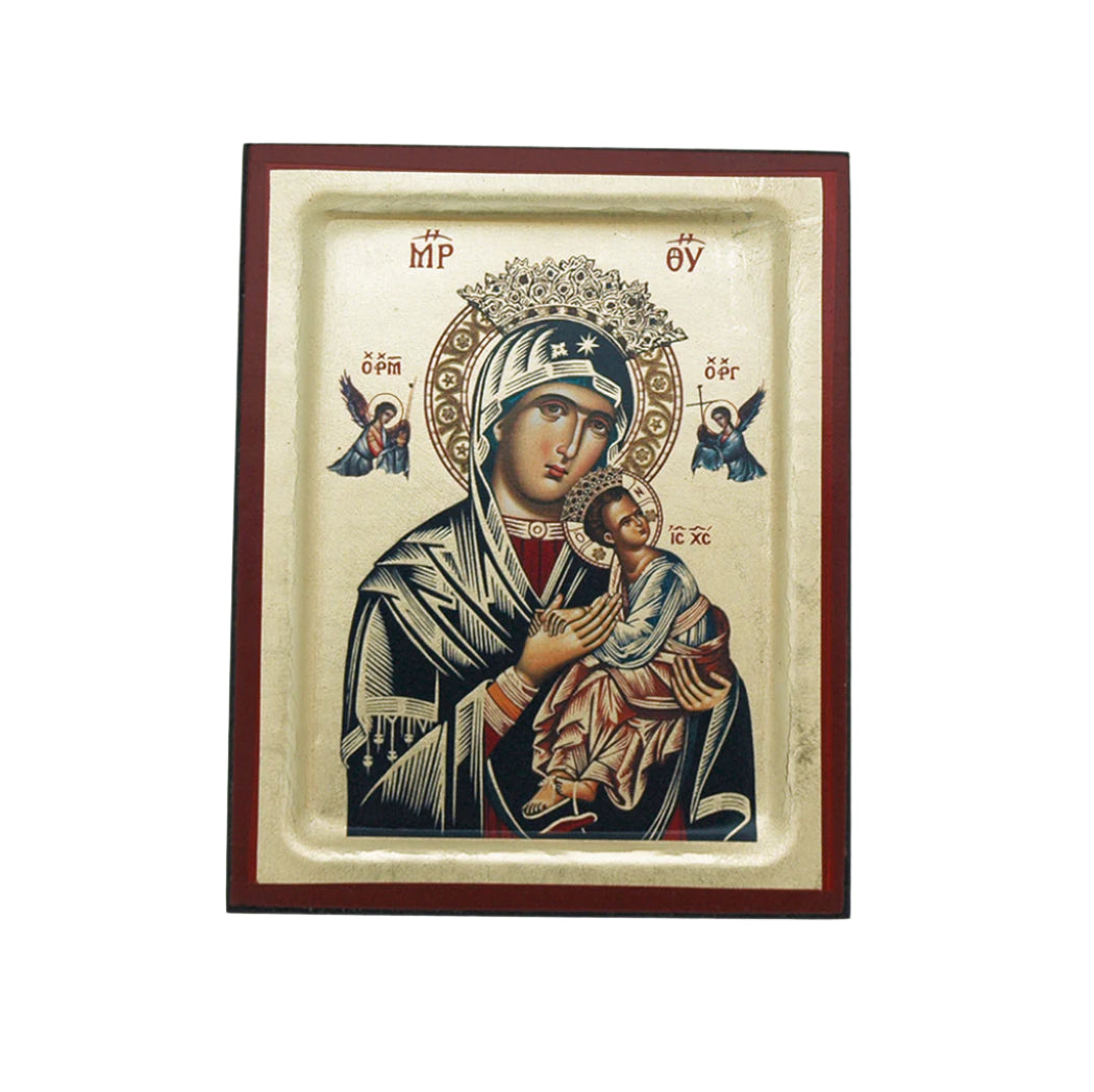 Greek hand-painted serigraph of Perpetual Help with intricate religious iconography on 4x5 inch decorative panel