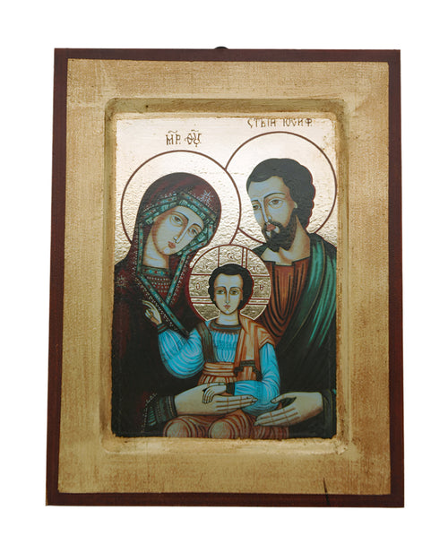 5x7 inch Greek icon of the Holy Family featuring Mary, Joseph, and Jesus with intricate detailing and gold background
