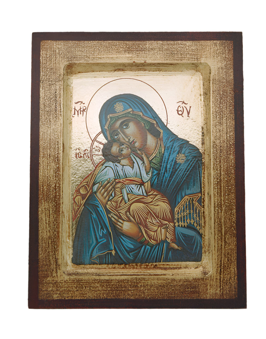 Greek Icon Blue Madonna 5x7 inch print depicting Virgin Mary with Infant Jesus in traditional gold and blue tones