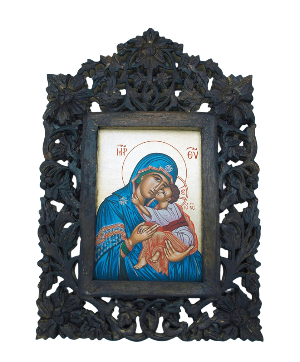 Greek Icon hand painted serigraph of Virgin Mary and Child in carved dark wood floral frame