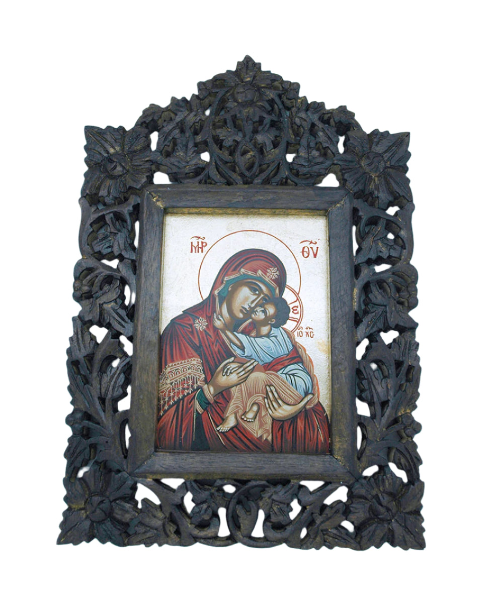 Greek Icon hand painted serigraph of Virgin Mary and Child with detailed carved wooden frame and floral motifs