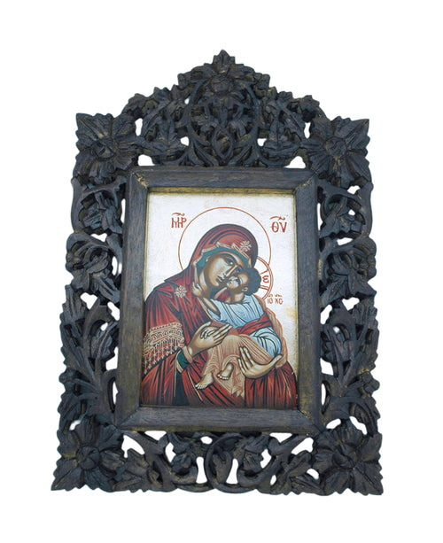 Greek Icon hand painted serigraph of Virgin Mary and Child with detailed carved wooden frame and floral motifs