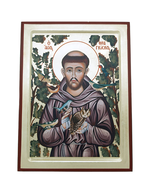 Greek hand-painted serigraph of a saint holding an owl and surrounded by birds, set against a leafy background with traditional iconography