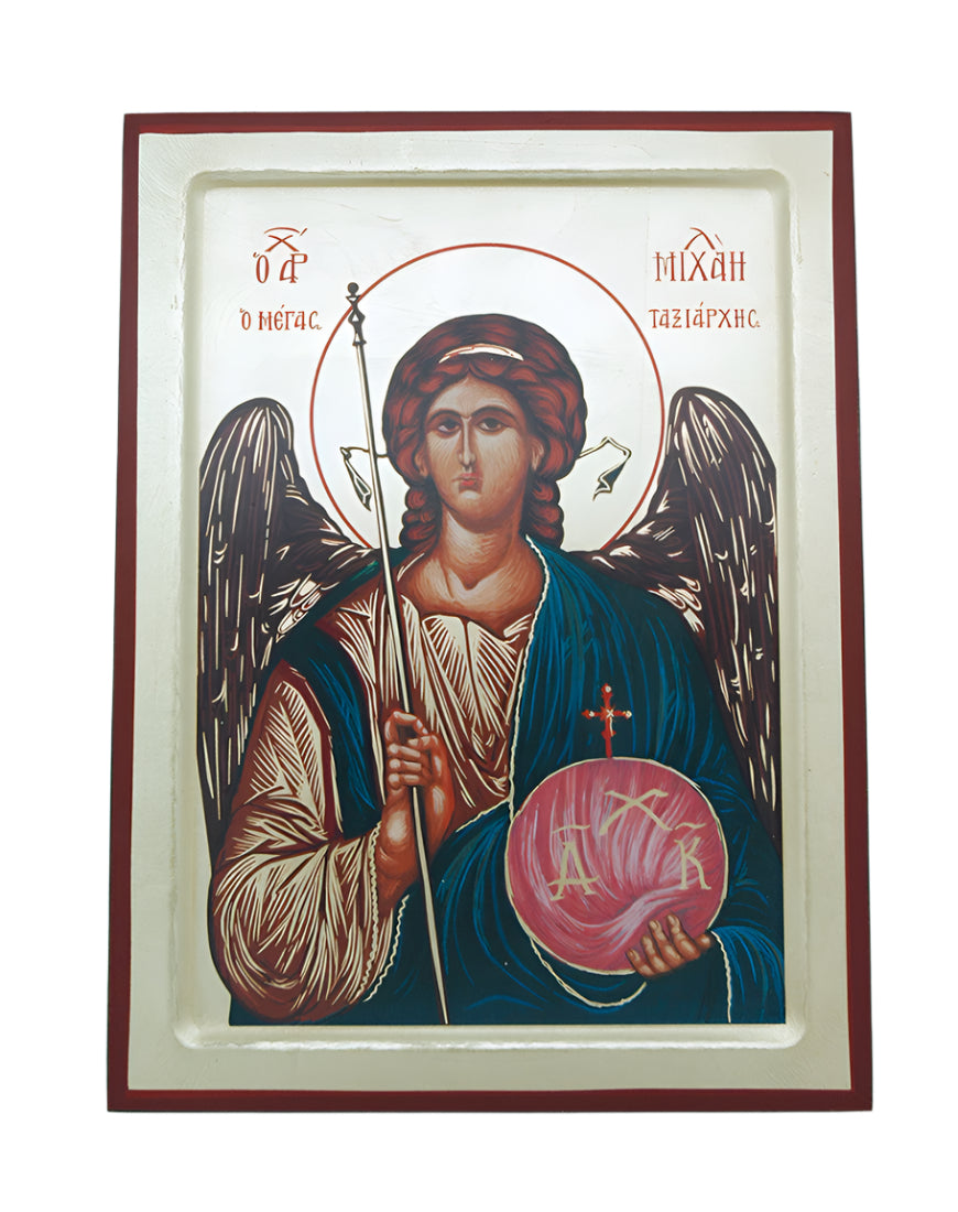 Greek hand-painted serigraph of Archangel Michael with detailed wings, halo, and traditional Greek lettering on wooden panel