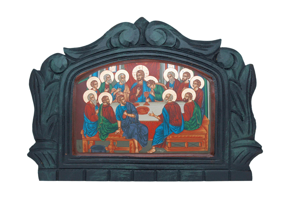 Greek hand-painted serigraph of The Last Supper with intricate Biblical scene and decorative dark wood frame, 9x12 inches.