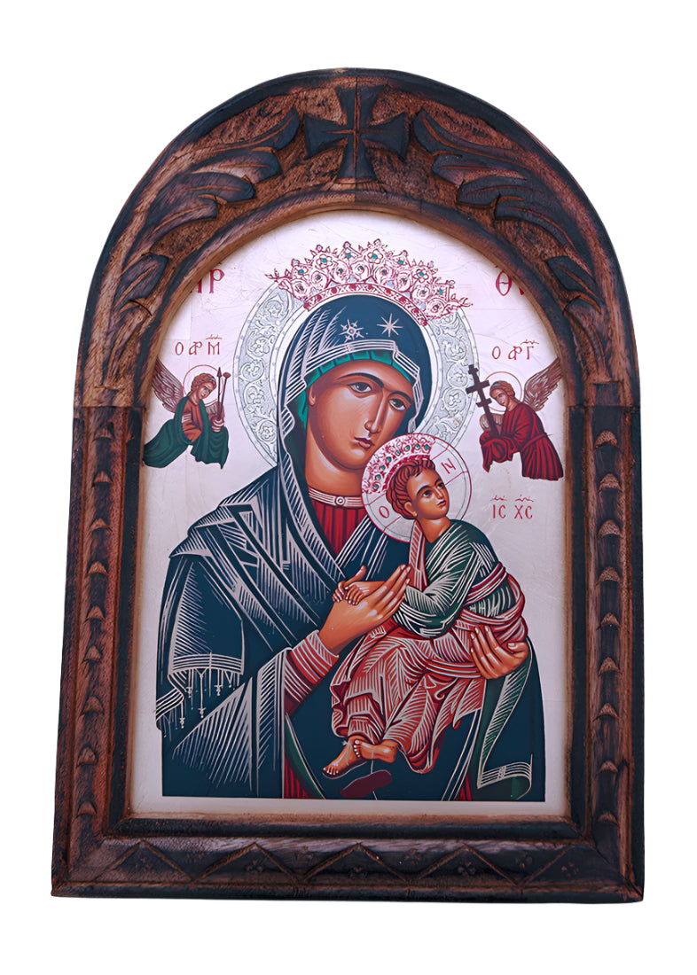 Greek Icon of the Madonna and Child hand-painted serigraph in a carved wood arched frame with intricate religious details