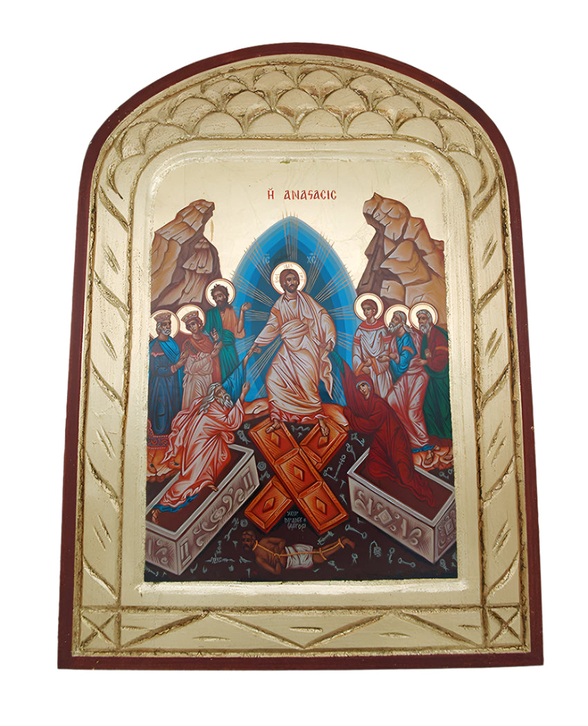 Hand painted Greek icon serigraph with traditional Byzantine resurrection scene in ornate gold frame