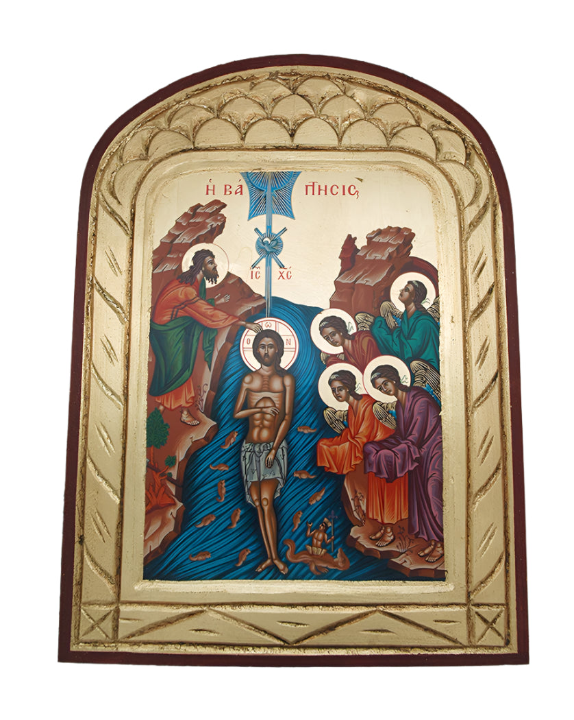Hand-painted Greek icon serigraph depicting the baptism of Christ with gold frame and traditional Byzantine style