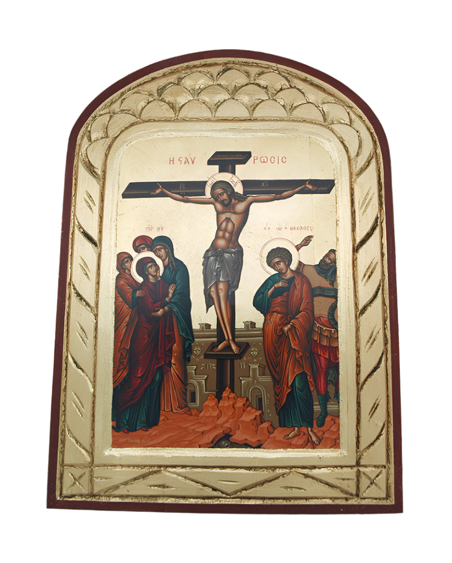 Hand painted Greek icon serigraph depicting the crucifixion of Christ with traditional Byzantine gold arch frame