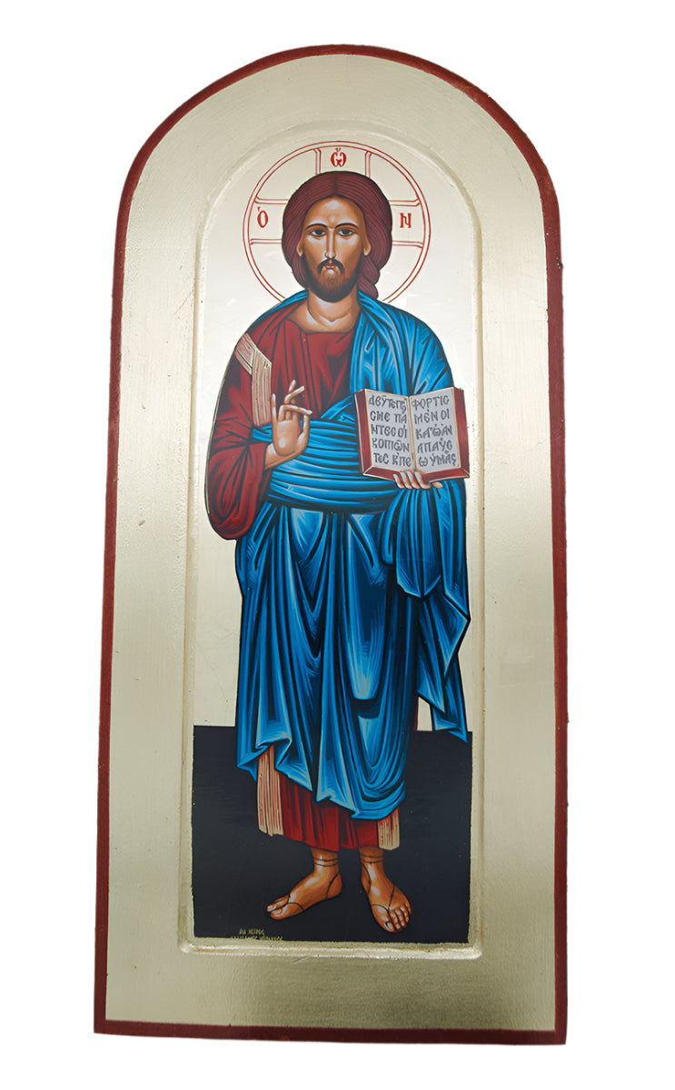 Greek Icon hand painted serigraph of Jesus Christ in traditional robes holding a book with Greek text in arched frame