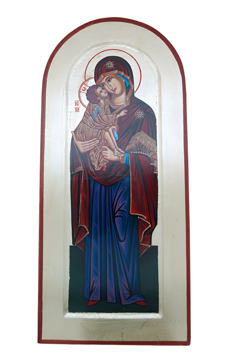 Hand painted Greek icon serigraph of Madonna and Child with detailed robes and gold accents on arched wooden panel