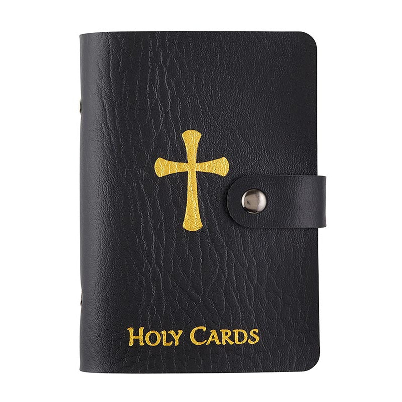 Black faux leather holy card wallet with gold cross and text, secured with snap button closure on white background