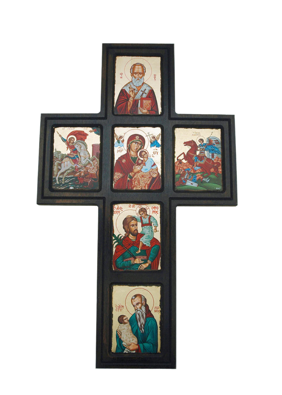 Greek Icon Hand Painted Serigraph Cross featuring six vibrant religious scenes framed in dark wood cross shape